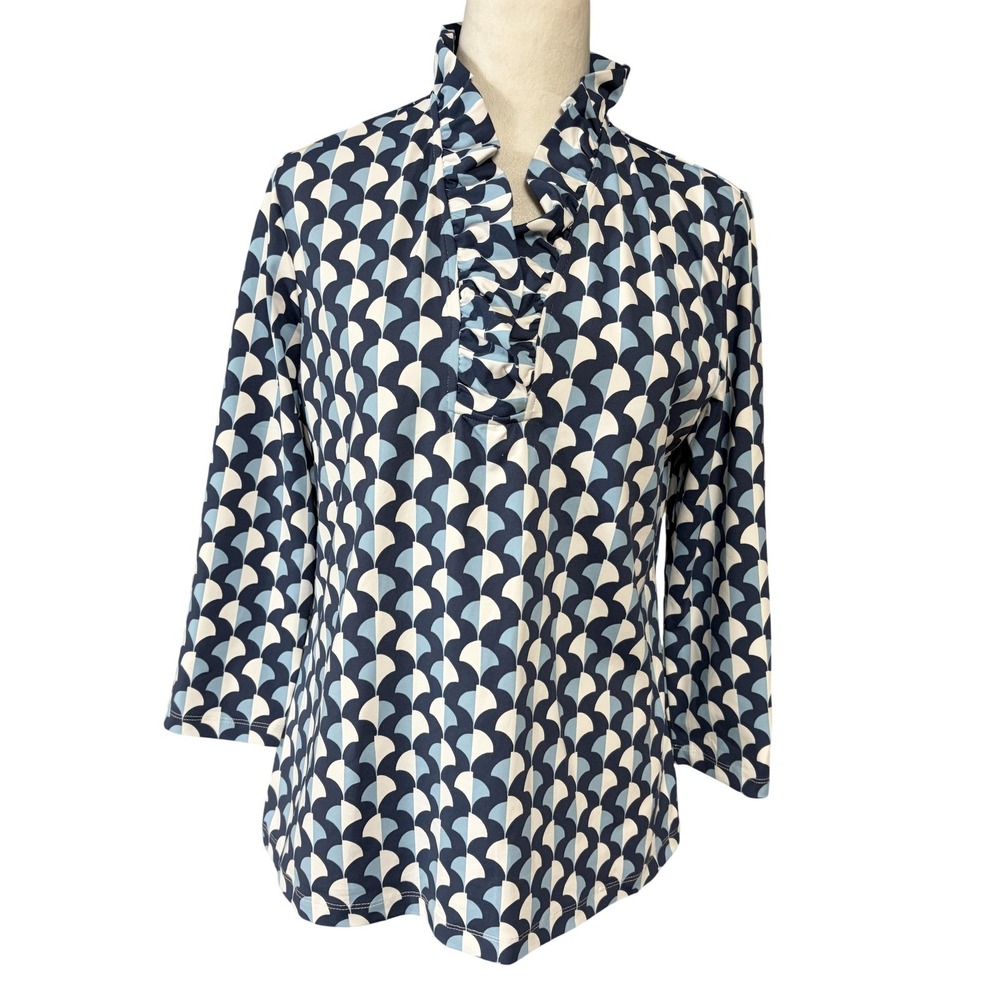 J McLaughlin Blouse Womens L Blue Geometric Ruffle V Neck 3/4 Sleeve Jersey